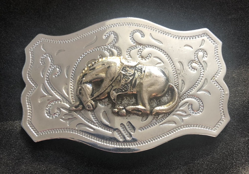 Vintage Western Style Chrome Belt Buckle with Applied Brass Bucking Bronco Horse