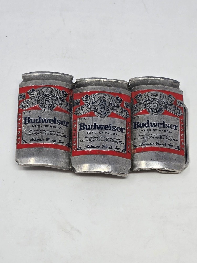 BUDWEISER ANHEUSER-BUSCH VINTAGE METAL BELT BUCKLE BEER CANS PEWTER RED MENS OS