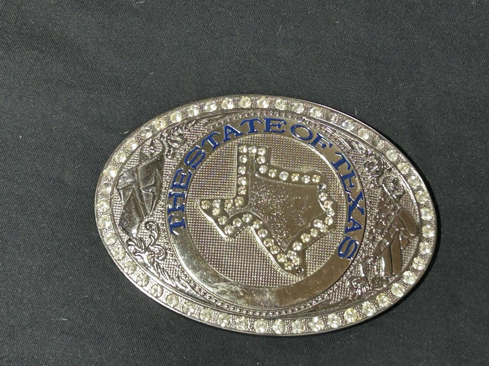 Belt Buckle « The State of Texas » with Rhinestones Large Metal, Silver & Bright