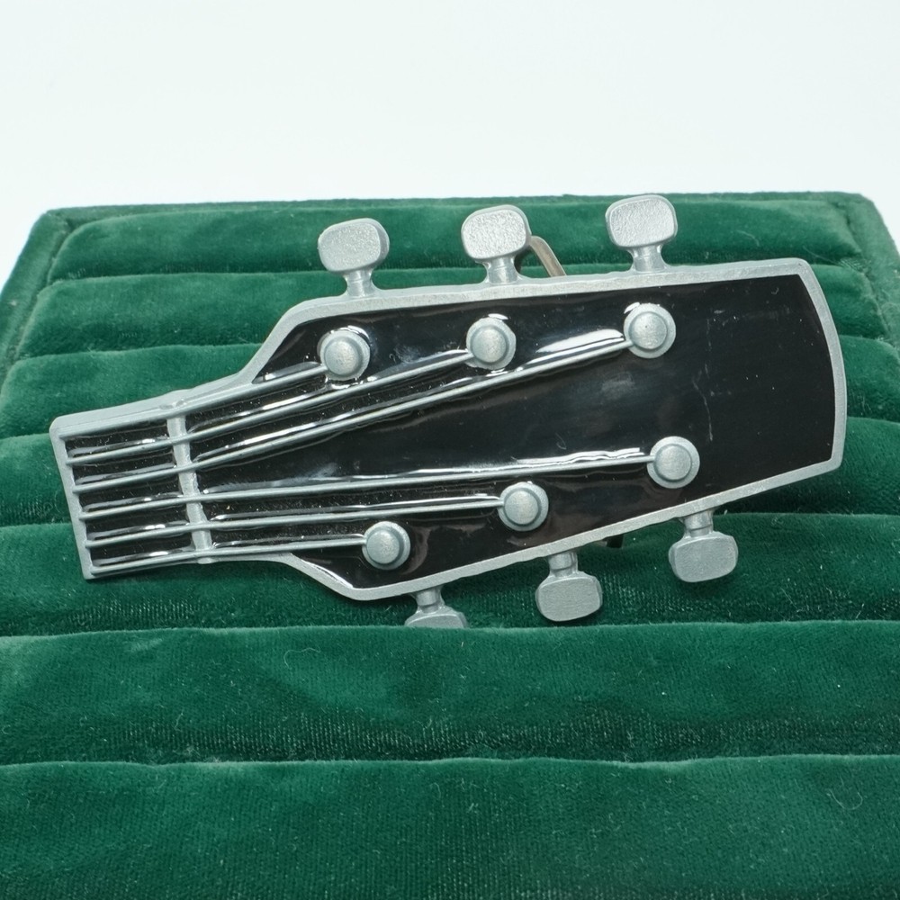Vintage Guitar Headstock Black Enamel Country Musician Rock and Roll Belt Buckle