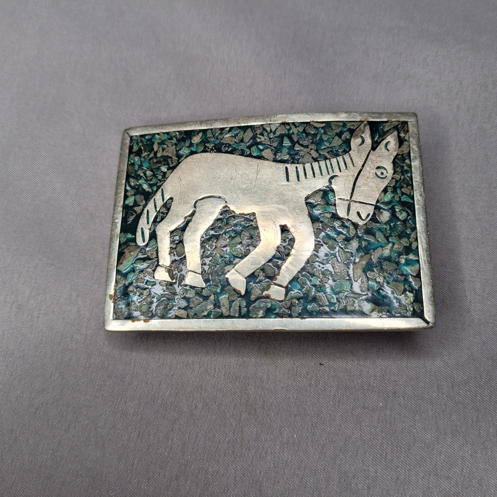 Vintage Donkey Burro Stone Inlay Belt Buckle Mens One Size Green Western Mexico