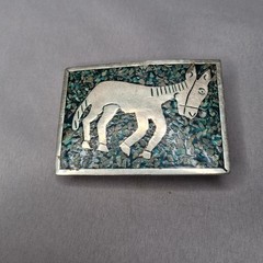 Vintage Donkey Burro Stone Inlay Belt Buckle Mens One Size Green Western Mexico