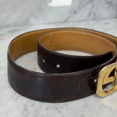 GUCCI buckle belt GG Logo Gold hardware Brown Leather Made in Italy Authentic