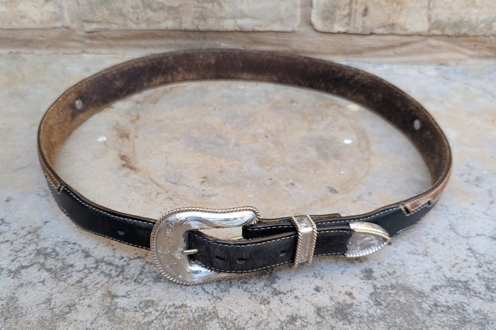 Vogt Mexico Sterling front 14K gold fill 3 pc Buckle Set Silver Creek belt 34