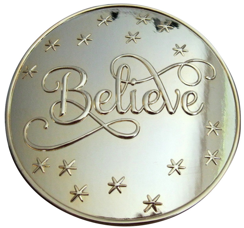 5 1/2&Prime; BRIGHT GOLD « BELIEVE » SANTA CLAUS BELT BUCKLE – FITS A 4&Prime; BELT