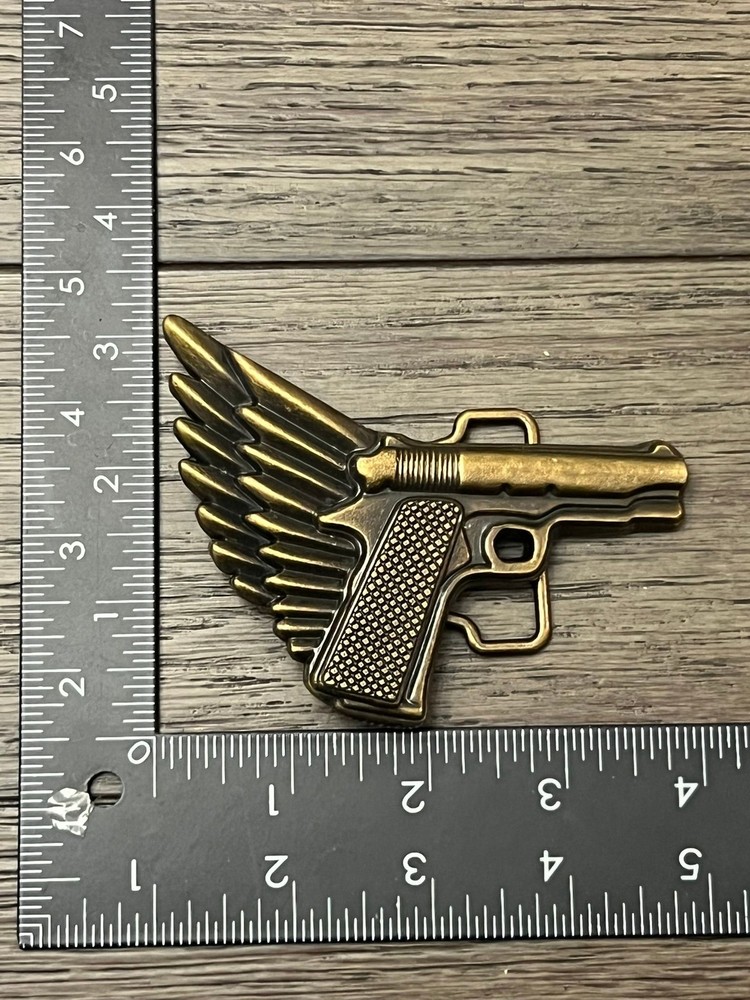 Winged Pistol Belt Buckle Antique Brass Metal Mens Gun Wing Design Heavy Cast