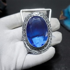 Blue Sapphire Belt Buckle Silver Plated Filigree Western Boho Statement Men