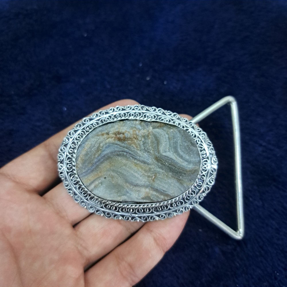 Natural Desert Druzy Belt Buckle – Sparkling Crystal Surface, Silver Plated