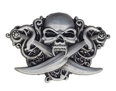 Unbranded Silver And Black Metal Skull w/ Swords Belt Buckle
