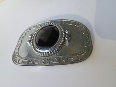 Vtg. Metal Belt Buckle With Black Center stone Floral Marked DD