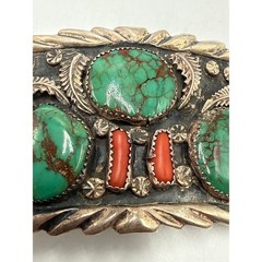 Vintage Sterling Silver Navajo Style Turquoise Coral Belt Buckle
