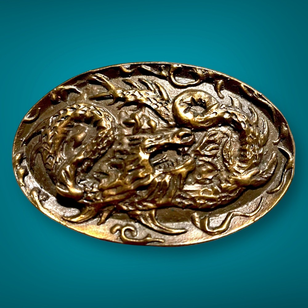 VTG Brass Dragon Belt Buckle A Dezy Denver Oval Relief Mystical USA Collectible