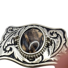 Western Belt Buckle Dendritic Agate Cabochon Silver Engraved Accents Side Pieces
