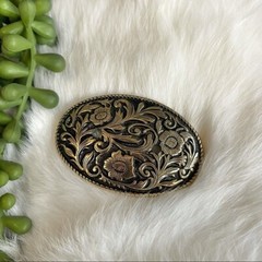 Oval Large Belt Buckle Floral Gold Black Rodeo Western Bull Rider Cowboy Cowgirl