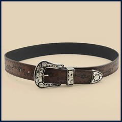 Vintage Carved Buckle Belt for Women Men – Brown Textured Floral Print