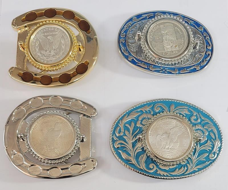 Silver Dollar Coins Set in Western Belt Buckles