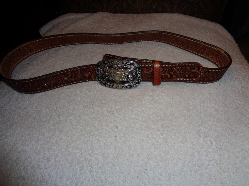 Silver With Gold Longhorn Bull Belt Buckle Leather Belt