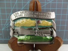 Vtg USS ARIZONA MEMORIAL PEARL HARBOR HAWAII BELT BUCKLE Arroyo Grande Enamel