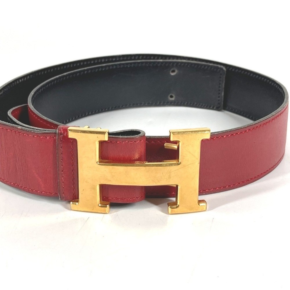 Hermes H Belt Vintage Buckle Leather G Engraved Red Black