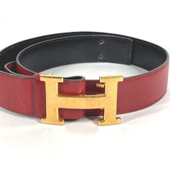 Hermes H Belt Vintage Buckle Leather G Engraved Red Black