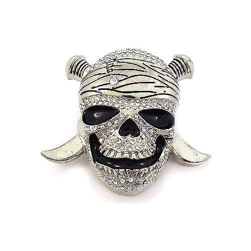 Halloween Pirate Skull & Swords Rhinestones Silver Chrome Metal Belt Buckle