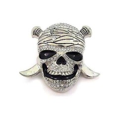 Halloween Pirate Skull & Swords Rhinestones Silver Chrome Metal Belt Buckle