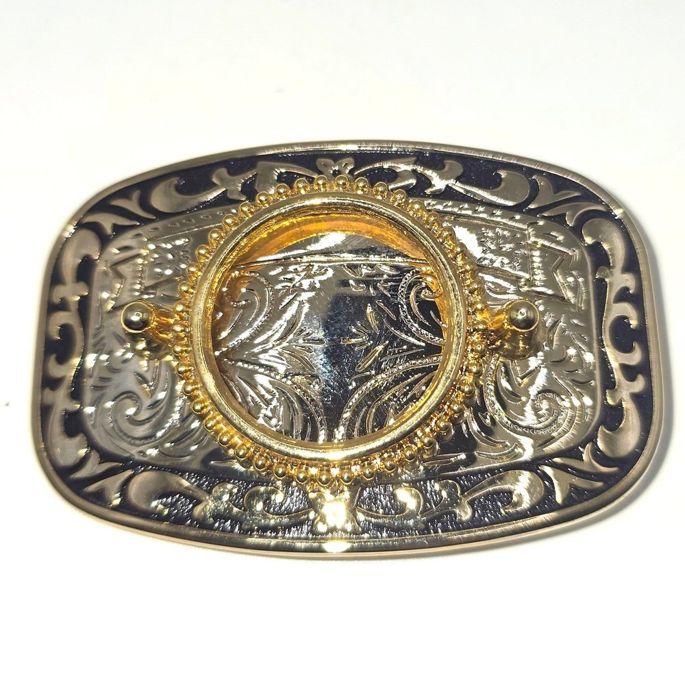 Vintage Western Blank Floral Scroll Belt Buckle Gold Silver Tone Black Enamel