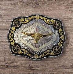 Cowboy Belt Buckle – Long Horn Bull Head and Stars 4.25&Prime;x3.25&Prime; Silver/Black/Gold