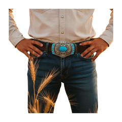 Men Women Silver Big Metal Belt Buckle Southwestern Fashion Turquoise Blue Beads