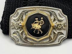 Western White Enamel Gold Tone Belt Buckle Couple Dancing Dance Floral Scroll