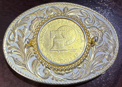 Oval Western Belt Buckle Gold Silver Floral Engraved One Dollar Coin Design