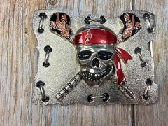 Raised Pirate Skull in Red Bandana Swords Gothic Punk Biker Vibe Belt Buckle