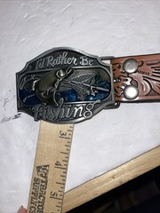 I&rsquo;d Rather Be Fishing Belt Buckle Silver Enamel Inlay With Brown Leather Belt 32