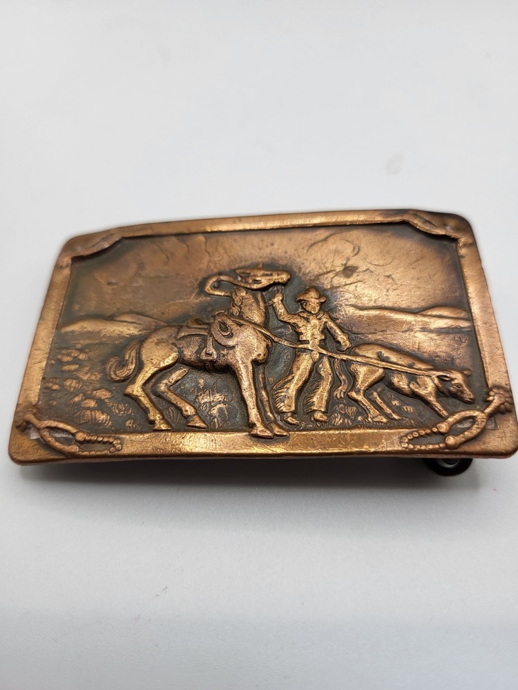 Vtg Western Belt Buckle Copper Brass Cowboy Wrangler Cattle Horse