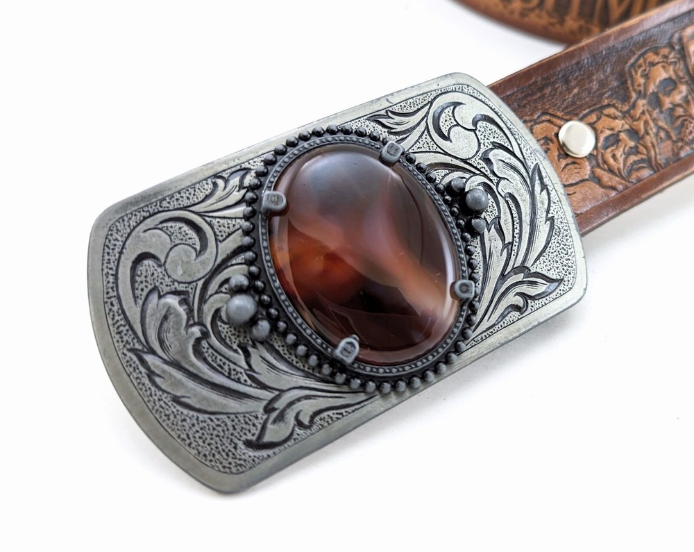 1970s-80s Vintage Natural Agate Stone Cowboy Western Pewter Look Belt Buckle