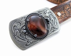 1970s-80s Vintage Natural Agate Stone Cowboy Western Pewter Look Belt Buckle