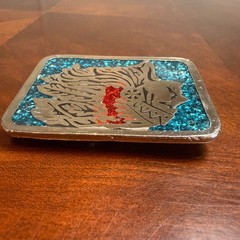 Vintage N.I. Native American Chief Belt Buckle Blue Crushed Glass Silver Tone