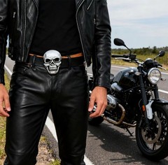 POSKLA Men&rsquo;s Skull Head Buckle Leather Belt Waist Band, Jeans Large, Black