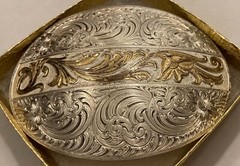 Vintage Metal Belt Buckle, Silver and Brass, Angie and BJ, 2 of Hearts Forever