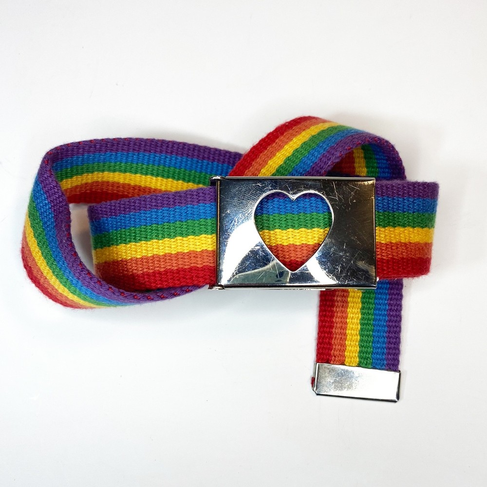 Canvas Rainbow Belt with Heart Flip Top 1.25&Prime; Wide Buckle