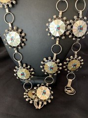 Turquoise & Onyx Zuni Sterling Silver Sun Face Inlay Old Pawn Belt 40&Prime; 12109