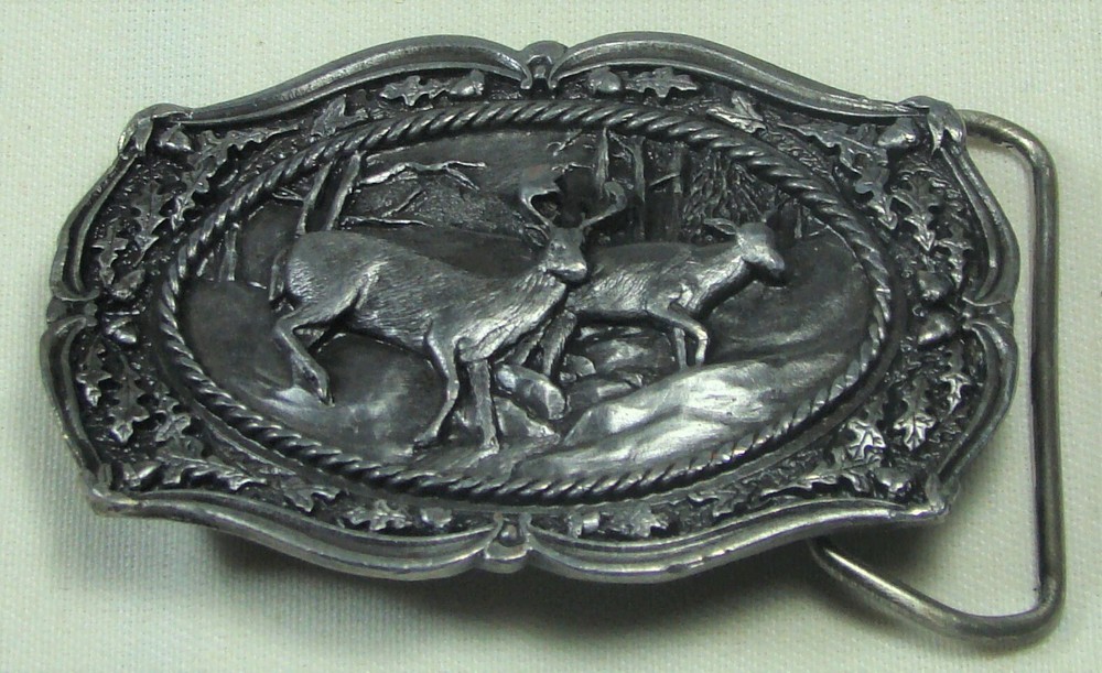 Vintage 1985 W-150 Buck & Doe Running Bergamot Belt Buckle USA