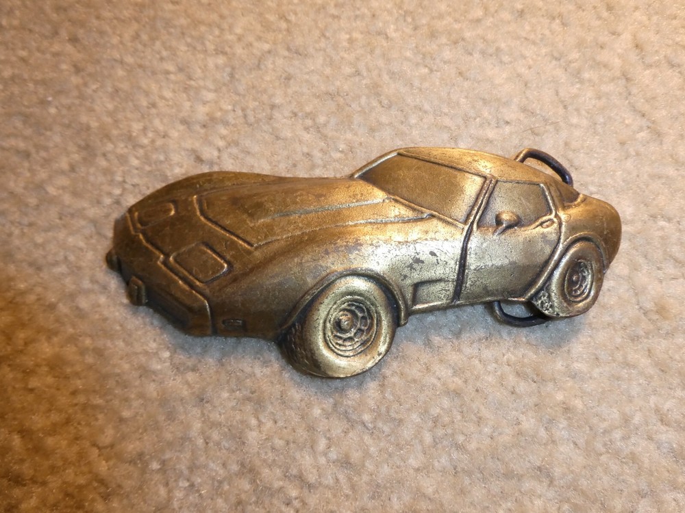 Vintage 1970s Brass Corvette Car Belt Buckle 5 1/2&Prime; Wide