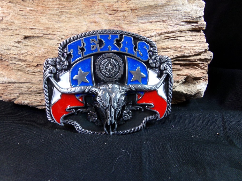 NEW Texas Western Belt Buckle, State Seal, 2 Lone Star Flags, & Long Horn Steer