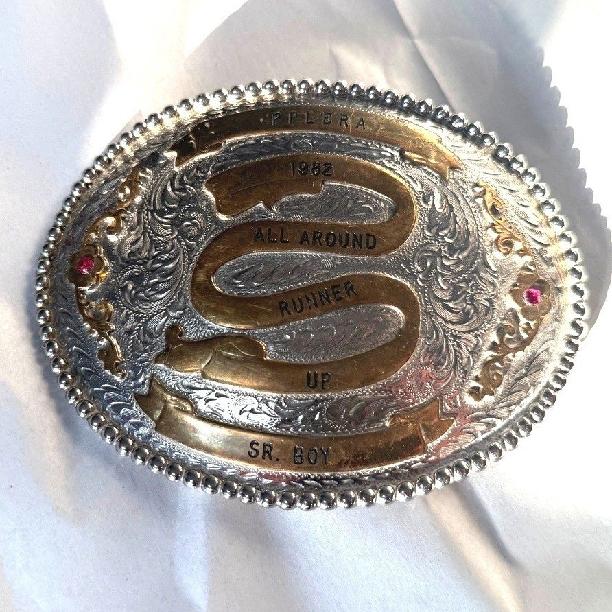 Vintage 1982 PPLBRA All Around Runner Up Sr. Boy Belt Buckle Rodeo Western Ruby
