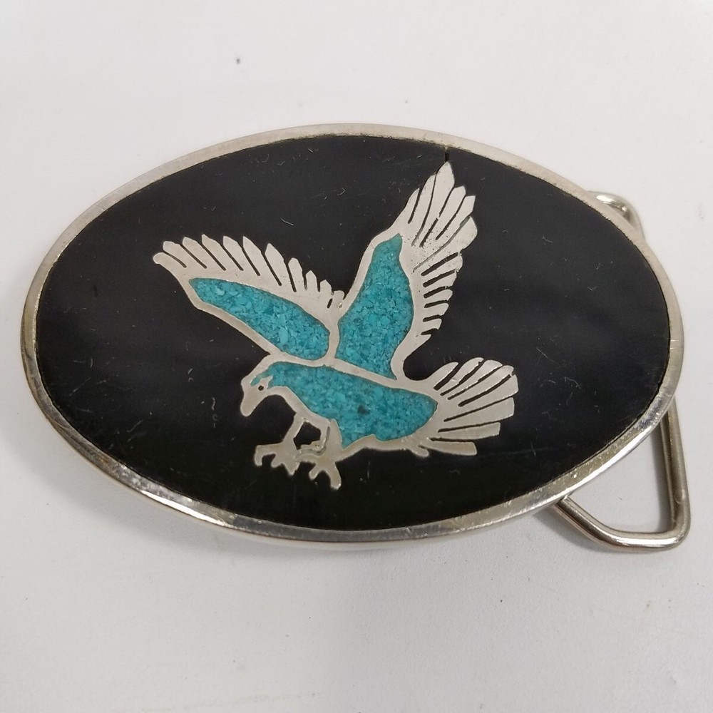 Black Enamel Oval Belt Buckle Turquoise Color Silver Eagle Silver Western Style