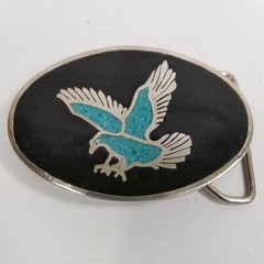 Black Enamel Oval Belt Buckle Turquoise Color Silver Eagle Silver Western Style