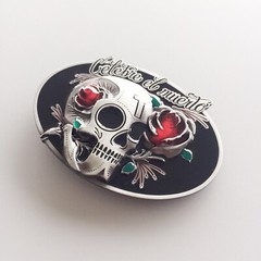 Vintage Oval Tattoo Rose Flower Skull Wedding Belt Buckle