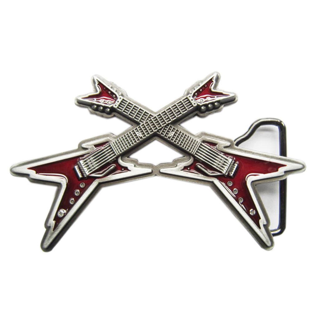 Crossed Electric Guitars Heavy Metal Rock & Roll Music Red Enamel Belt Buckle