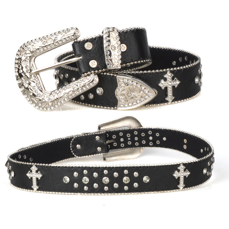 Women&rsquo;s Black Cross Rhinestone Western Bling Leather Belt
